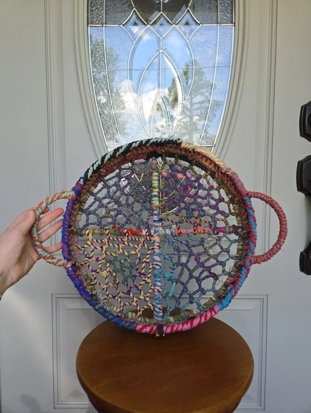 Jute Wrapped Tray Basket Recycled Fabric Multicolor